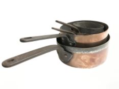A graduated set of four copper plated cast iron handled sauce pans, largest 40 cm.