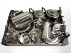 Assorted silver plate and pewter tea wares, cutlery, salvers, etc.
