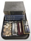 Group of volumes relating to engineering, British pre-decimal coins, pens,