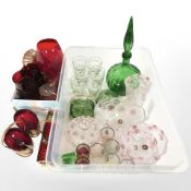 Assorted ruby glass wares, large green glass decanter, set of Irish coffee glasses,