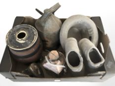 A reproduction ship's mast head lamp, Aladdin paraffin can, stoneware barrel,