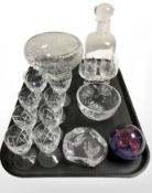 A group of Brierley Crystal drinking glasses, decanter, Caithness Diabolo paper weight,