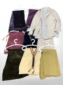 Seven pairs of gents corduroy trousers in various colours, and two long sleeve shirts, sizes vary.
