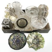 A group of crystal fruit bowls, vases, two carnival glass dishes, glass telephone, etc.