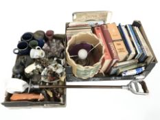 A shooting stick, table lamp, assorted volumes including stamp catalogues, Blue Peter, etc,