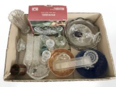 A group of pressed glass dressing table items, Mdina horse paperweight, etc.