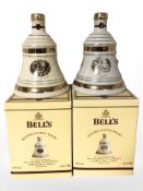 Two Bell's scotch whisky decanters, Christmas 2007 and 2008, both boxed.