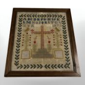 A Victorian alphabet sampler, dated 1873, overall 37 cm x 33 cm.