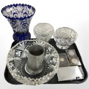A combination lighter cigarette case, two crowns, American memorial half dollar, crystal fruit bowl,