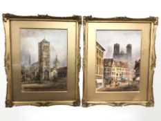 E. Nevil : Rheims and Ypres, two watercolours, framed as a pair, each 39 cm x 27 cm.
