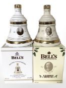 Two Bell's blended scotch whisky decanters, Christmas 2009 and 2012,