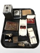 A Conway box camera, a further Baldixette camera, Burago and Corgi die cast cars,