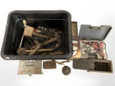 A group of vintage hand tools, boxes, tins.