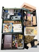 A quantity of dolls house furniture, jigsaws, soft toys, chess set, die cast cars, dominoes, etc.
