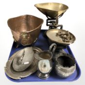 Metal wares to include a hammered copper planter, set of scales and weights, EPNS and pewter items.