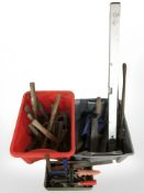 Assorted hand tools, record bench vice, spirit level, vintage hammers, etc.