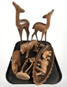 A group of African carved wooden animals, bowl, etc.
