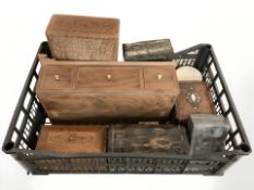 A group of wooden and metal table boxes.