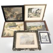 A group of pictures and prints, 19th coastal watercolour, etching of Notre Dame,