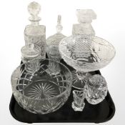 A group of crystal fruit bowls, two decanters, lidded preserve pots, etc.