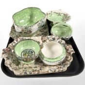 A group of Maling green lustre ceramics and chintz shallow dishes.