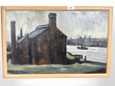 Ken Stewart : Riverside, Jarrow, oil on board, signed verso and dated 1968, 38 cm x 60 cm.