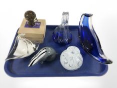 A Langham glass badger paperweight, several art glass dishes, mottled vase, etc.