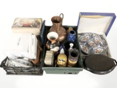 Assorted ceramics, copper effect twin handled vase, Russian doll, glass punch bowl,