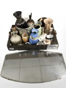 Assorted ceramic vases, Art Deco frameless etched mirror, etc.