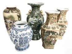Five 20th century oriental ceramic vases, tallest 40 cm.