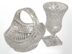 A large crystal basket and a pressed glass vase, tallest 22 cm.