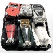 Six die cast scale model classic cars, including Burago, Solido, etc.