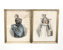 Two antiquarian hand coloured lithographs, one depicting a milkmaid,