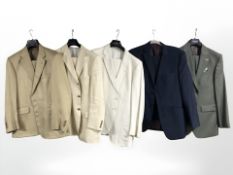 Five gents blazers with matching trousers including Aquascutum, Skopes, Charles Tyrwhitt, etc,