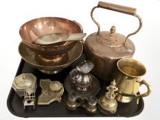 A Victorian copper kettle, other metal wares, ornate brass inkwell, small pair of opera glasses,