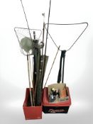 Various fishing rods, nets, seat, accessories, etc.