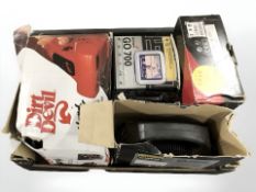 A boxed sat nav, Kenwood CD receiver with remote, car battery charger, Dirt Devil vacuum.