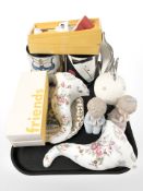 Two Royal Worcester cornucopia wall pockets, Japanese bisque figures of children,