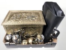 An embossed brass box, together with EPNS goblets, pewter tankard, brass wares, a leather briefcase,