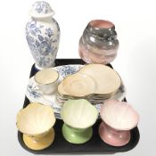 A group of Maling ceramics including grapefruit dishes, sandwich plates, blue and white lamp base,