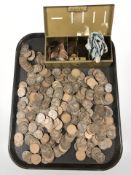 A quantity of Victorian and later pennies, and vintage cash tin.