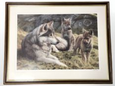 After Andre Hutchinson : Wolf with cubs, limited edition colour print,