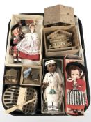 A group of dolls and similar ornaments including Myfanwy, two hand fans, etc.