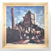 Ken Stewart : Industrial building with smoke stack, oil on canvas, 44 cm x 44 cm.