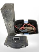 A painted pine joiners tool box, two further plastic boxes containing hand tools, hardware, etc.