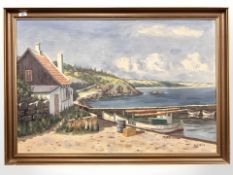 Danish School : Boathouse by a shoreline, oil on canvas, 97 cm x 64 cm.