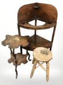 A George III mahogany wash stand, a Victorian pine stool and a small painted occasional table.
