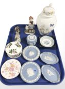 A group of Wedgwood blue jasperware shallow dishes, further trinket box, Beswick chaffinch,