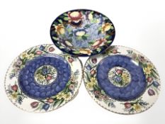 A pair of Maling lustre daffodil plates and a further fruit bowl.