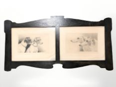 An Arts and Crafts oak overmantel containing two monochrome engravings of dogs,